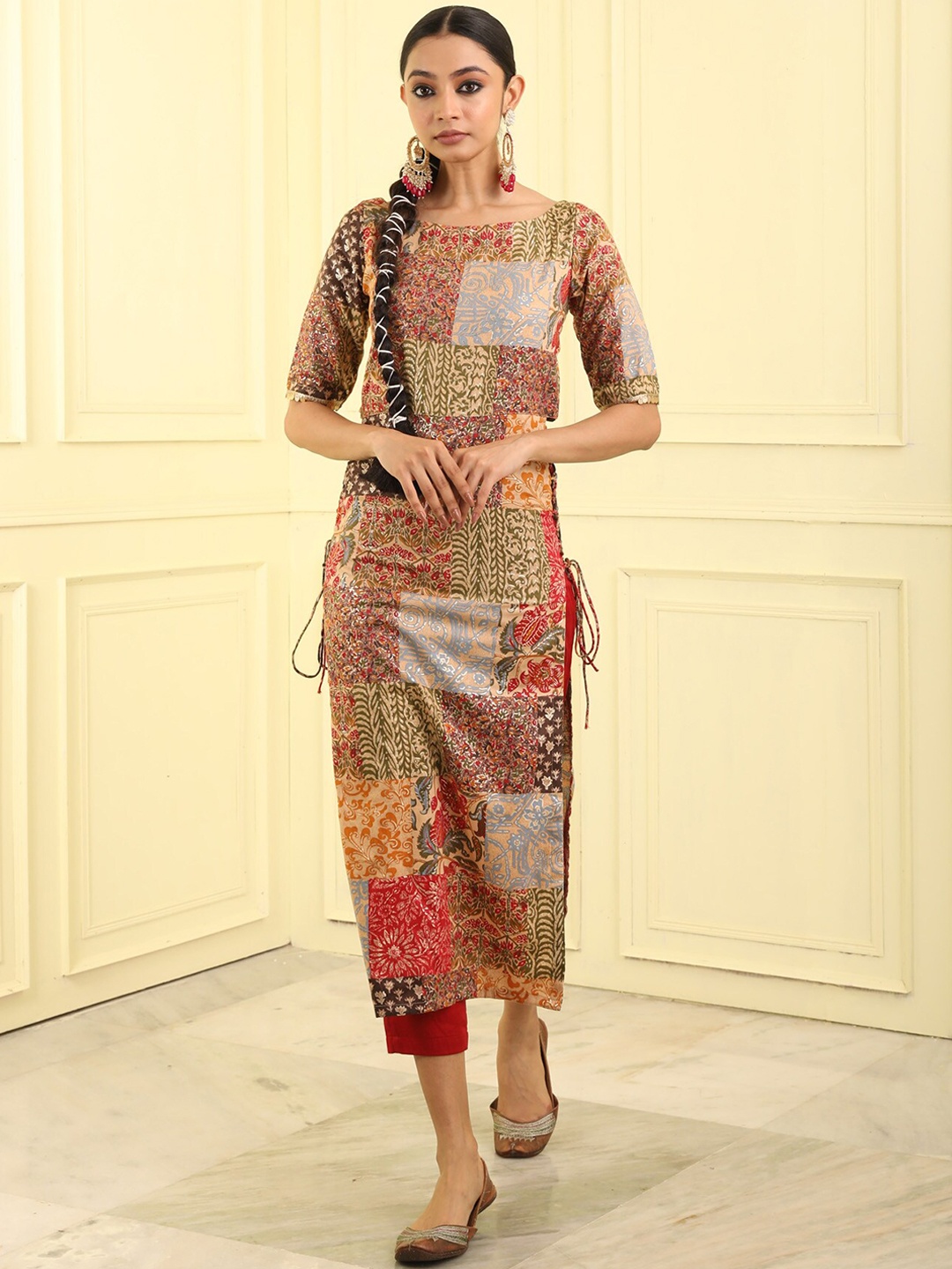 BEATITUDE Women Ethnic Motifs Printed Cotton Kurta, Brown