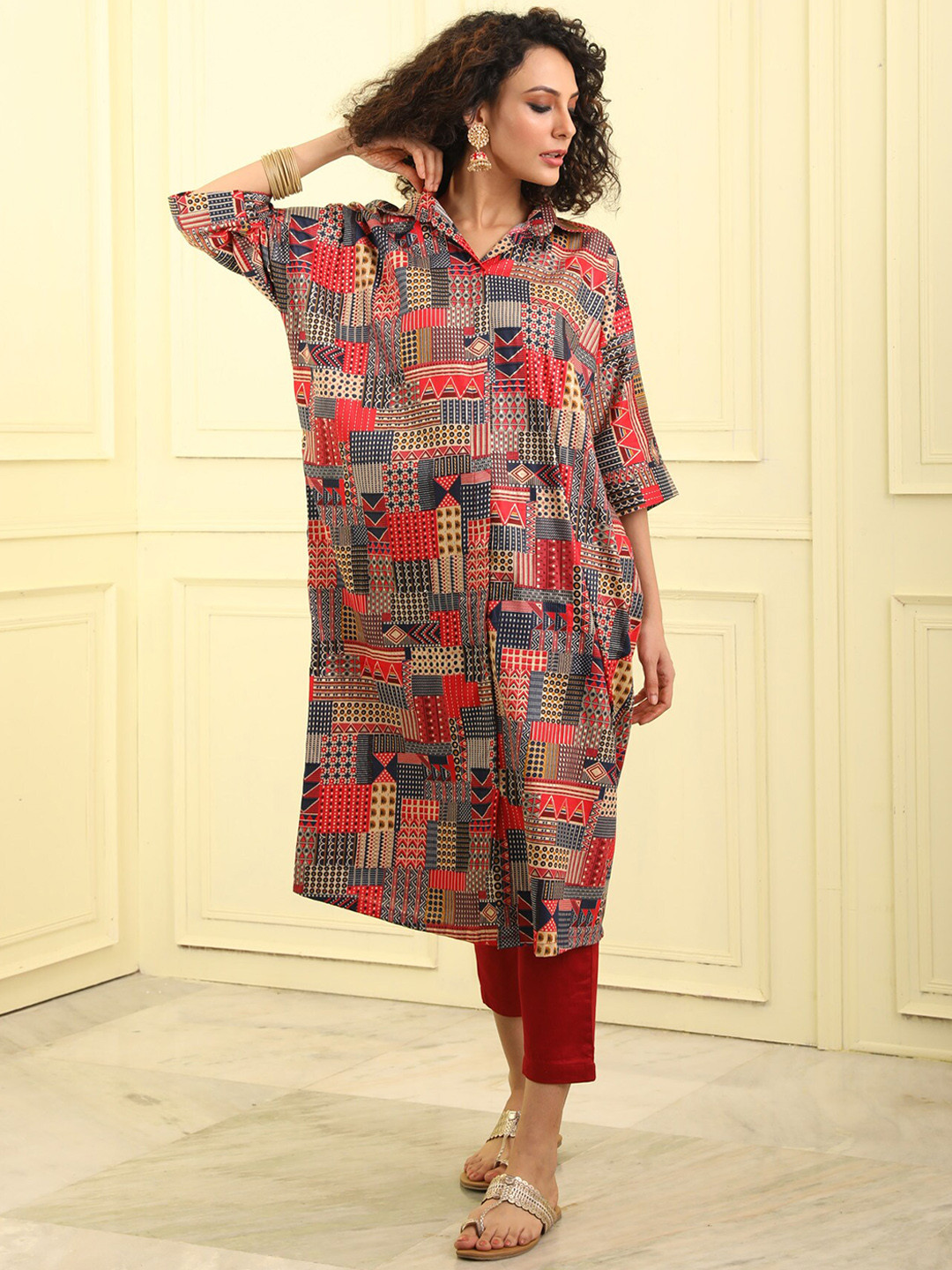 

BEATITUDE Women Shirt Collar Geometric Printed Cotton Kurta, Red