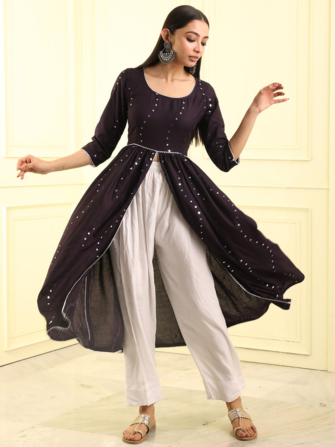 

BEATITUDE Women Ethnic Motifs Embroidered Mirror Work Cotton Kurta, Navy blue