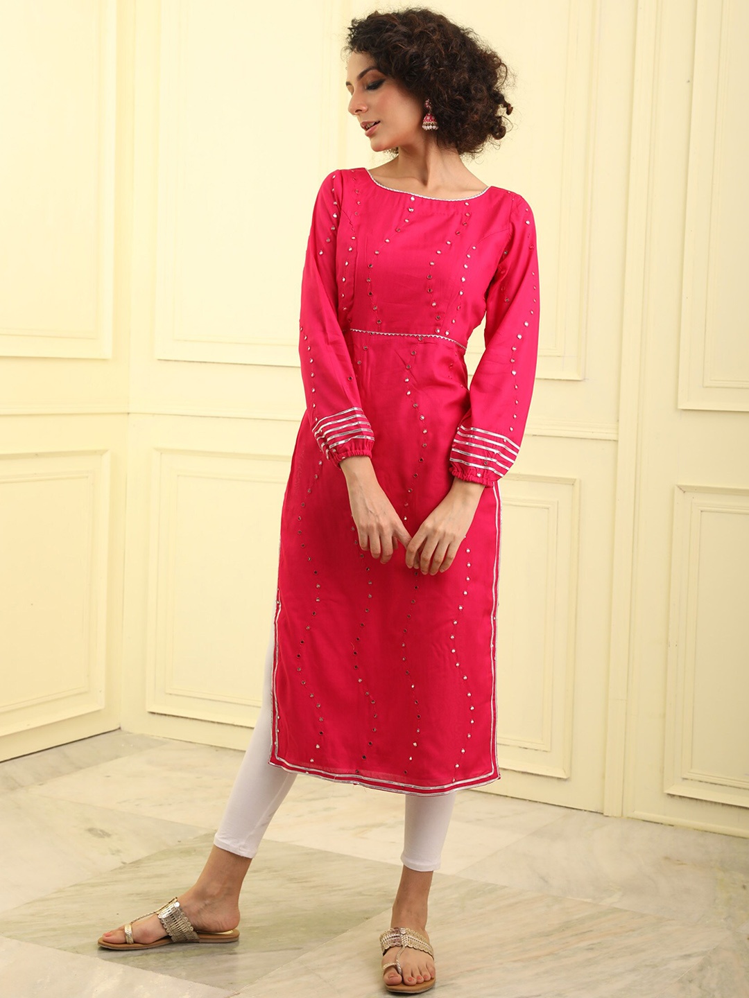 

BEATITUDE Women Ethnic Motifs Embroidered Mirror Work Cotton Kurta, Pink