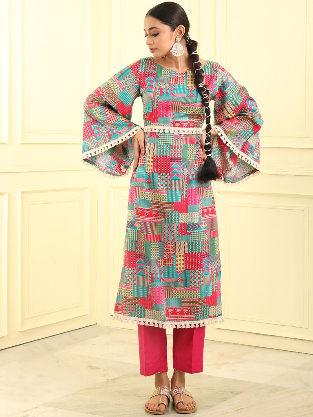 

BEATITUDE Women Geometric Printed Flared Sleeves Thread Work Cotton Kurta, Pink