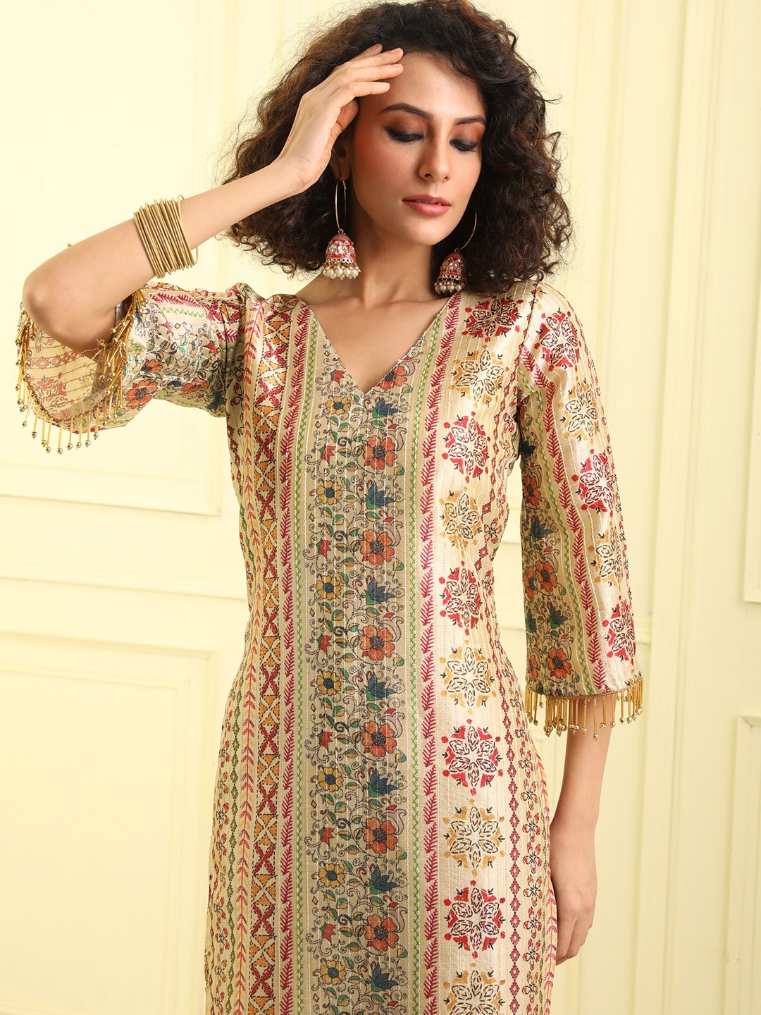

BEATITUDE Women Ethnic Motifs Printed Indie Prints Silk Kurta, Beige