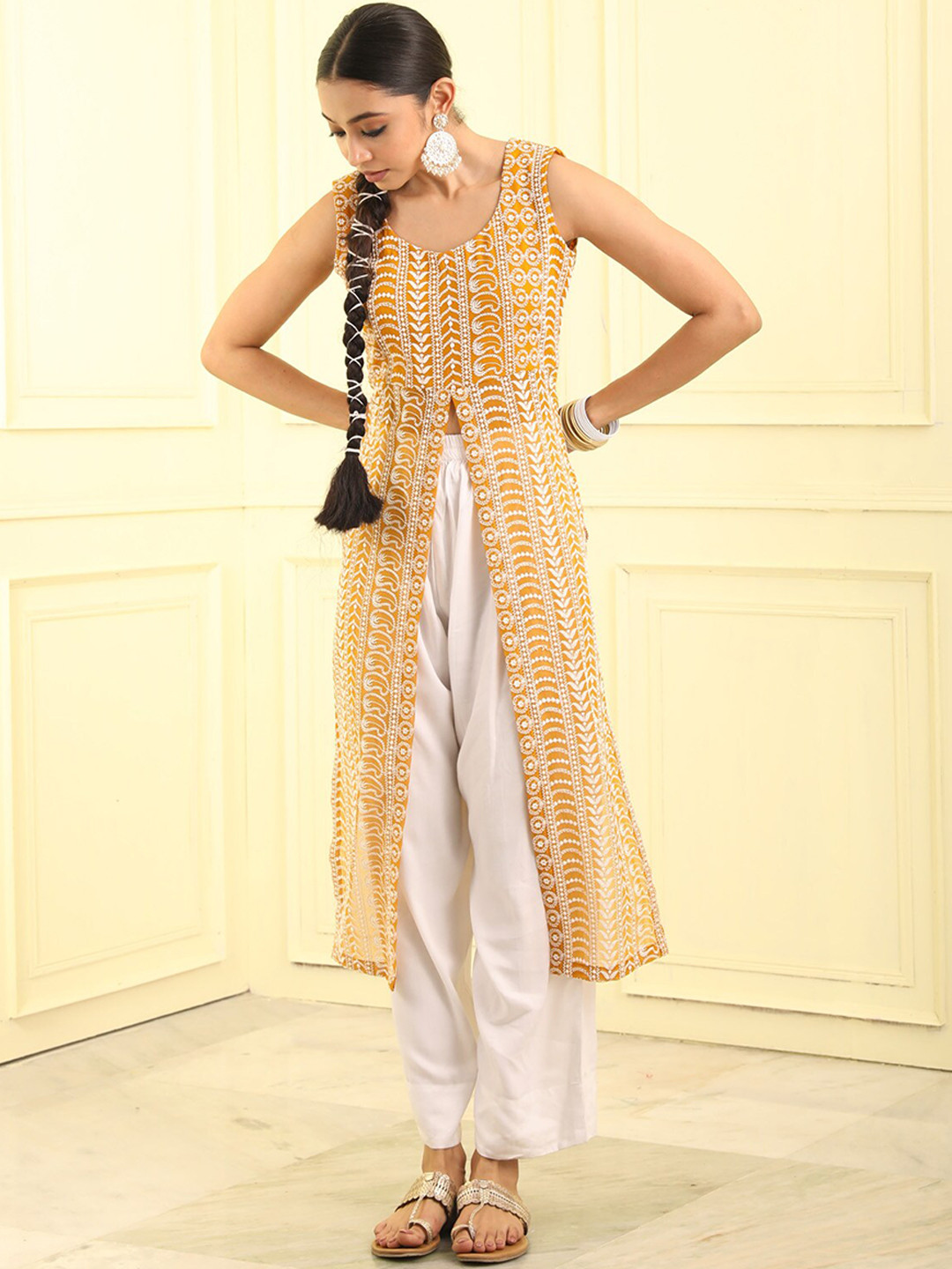 

BEATITUDE Women Ethnic Motifs Embroidered Chikankari Shadow Work Cotton Kurta, Mustard