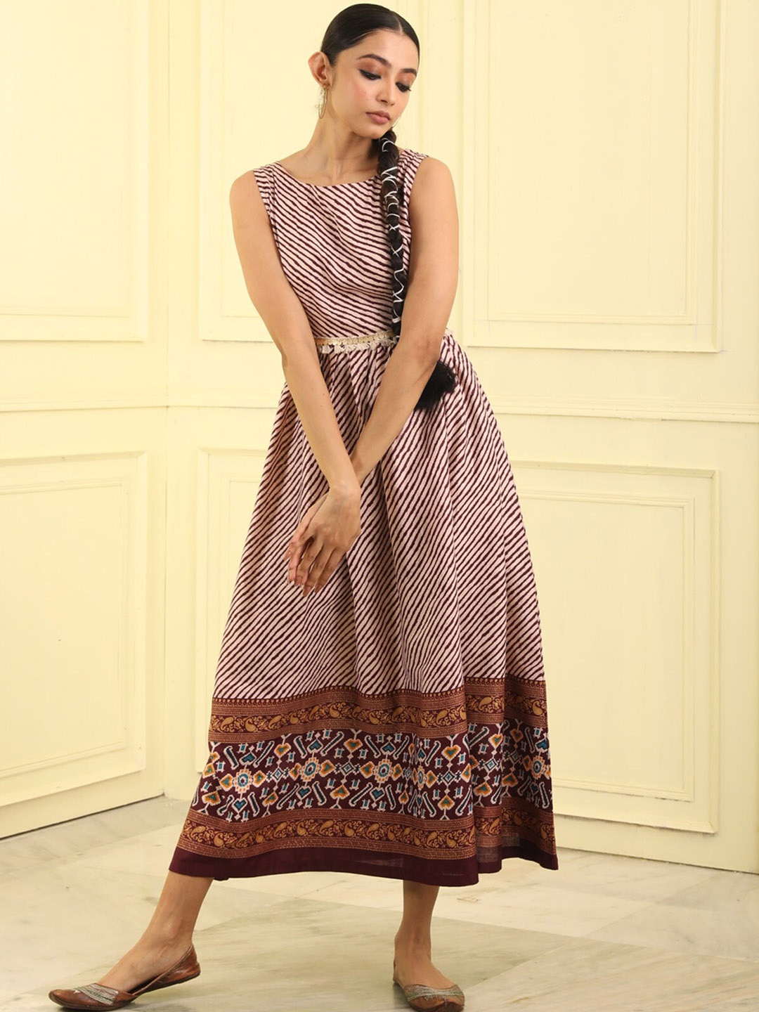 

BEATITUDE Women Printed A-line Cotton Dress, Rust