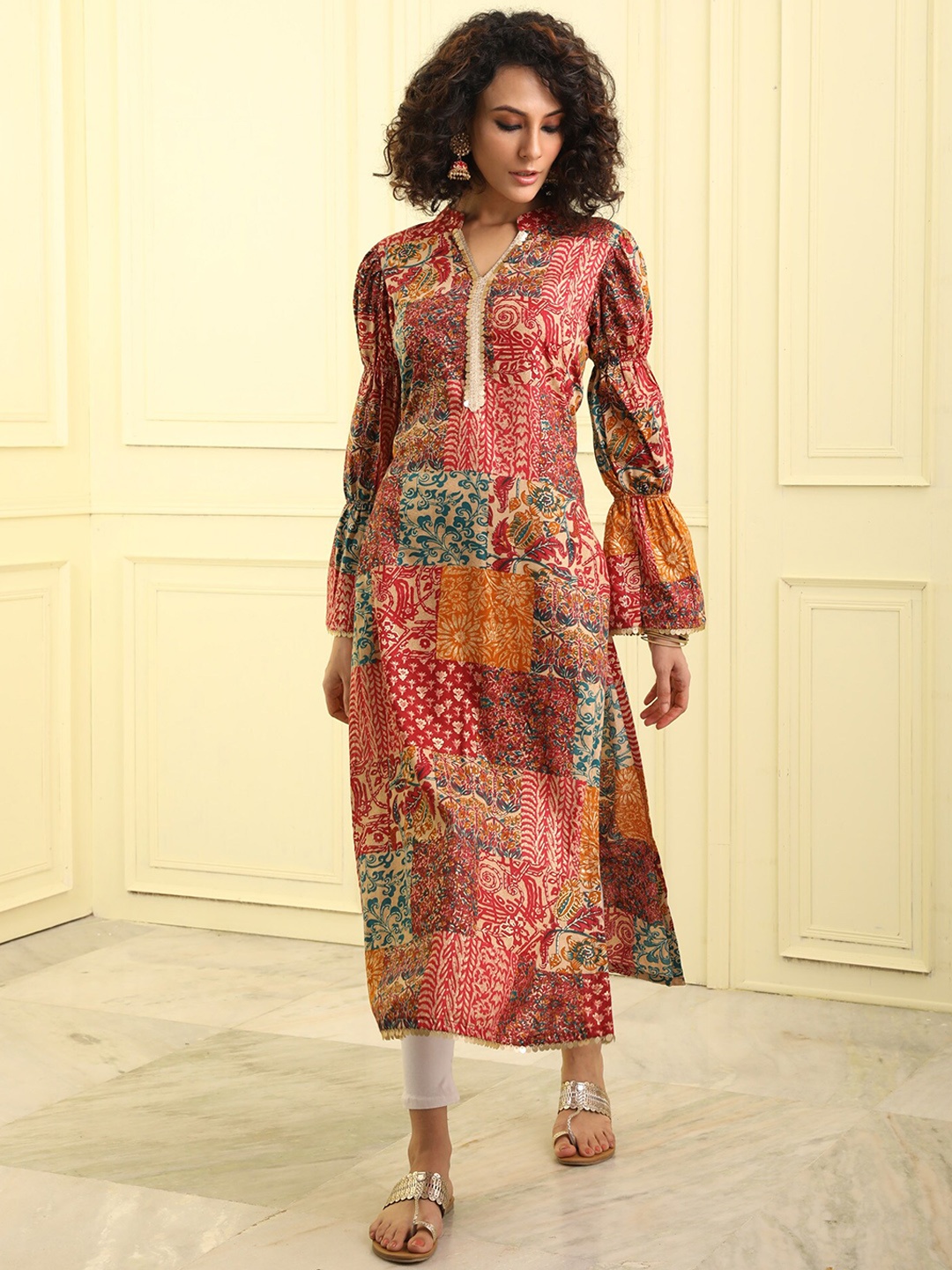 

BEATITUDE Women Paisley Printed Flared Sleeves Silk Kurta, Red