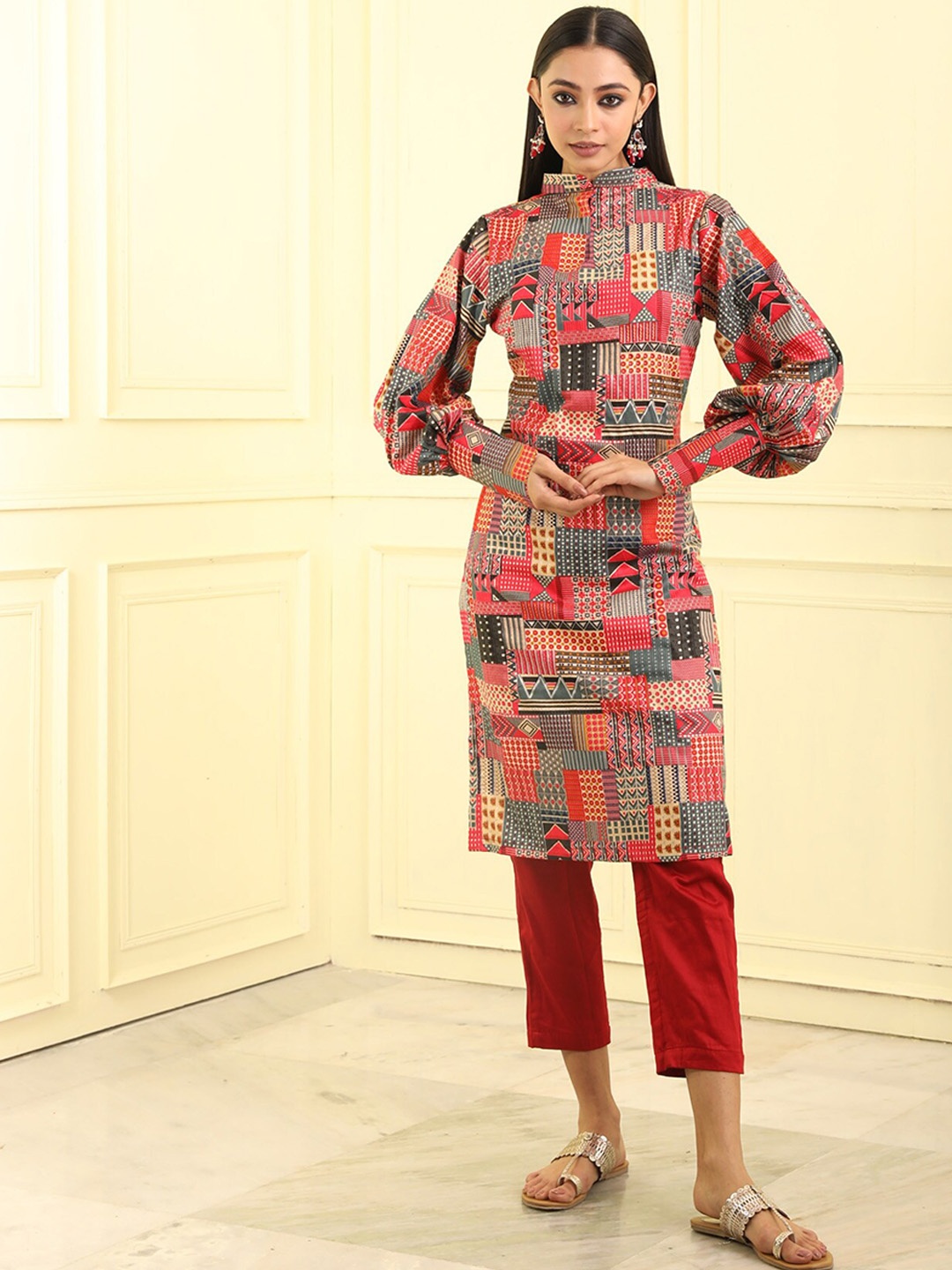

BEATITUDE Women Printed Cotton Silk Kurta, Pink