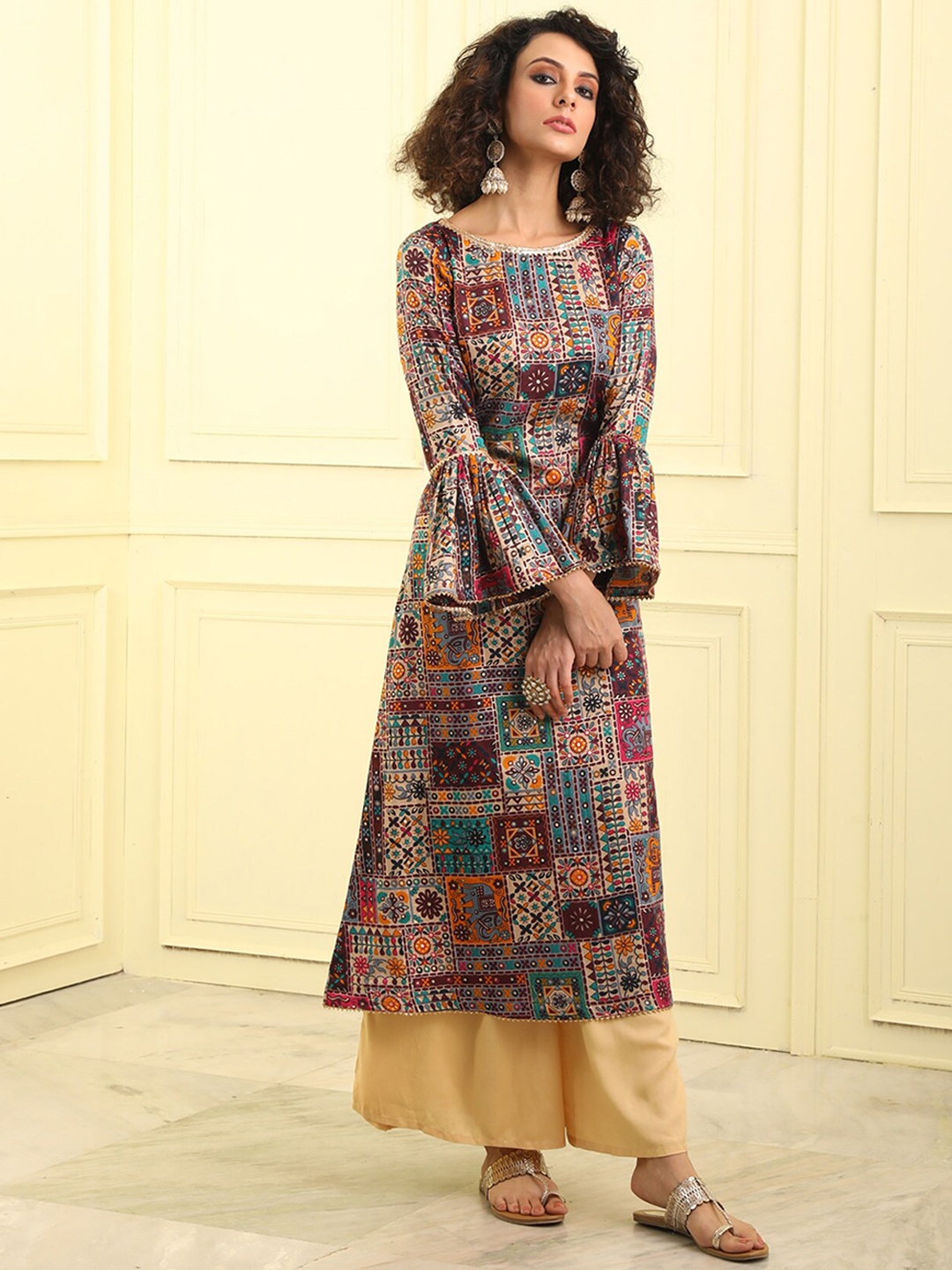

BEATITUDE Women Ethnic Motifs Printed Bell Sleeves Gotta Patti Indie Prints Kurta, Brown