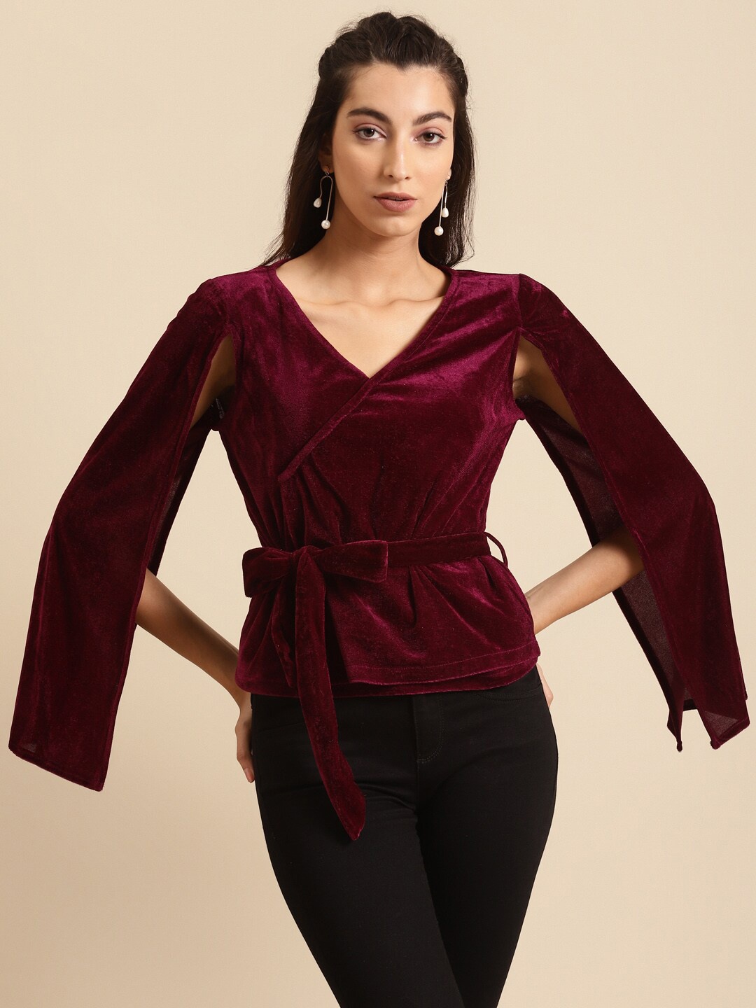 

DODO & MOA Cape Sleeve Wrap Top, Burgundy