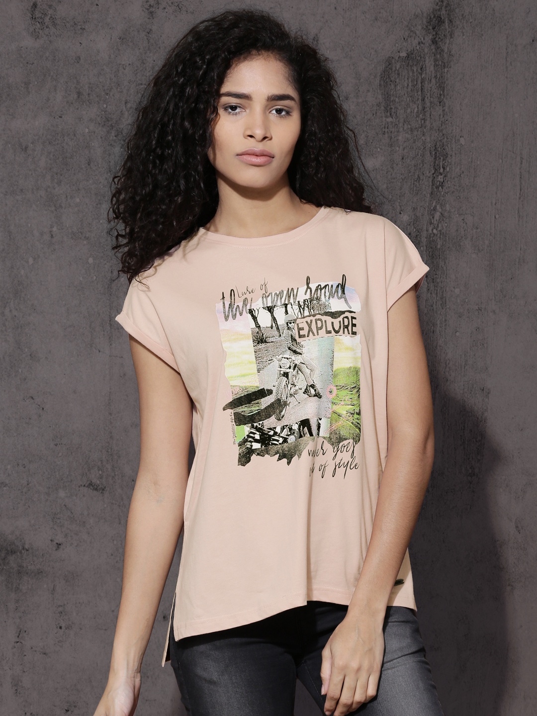 

Roadster Women Pink Printed Round Neck Pure Cotton T-shirt