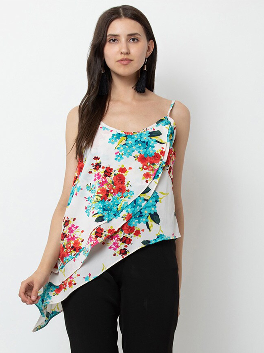 

DODO & MOA Floral Printed Shoulder Straps High-Low Top, White