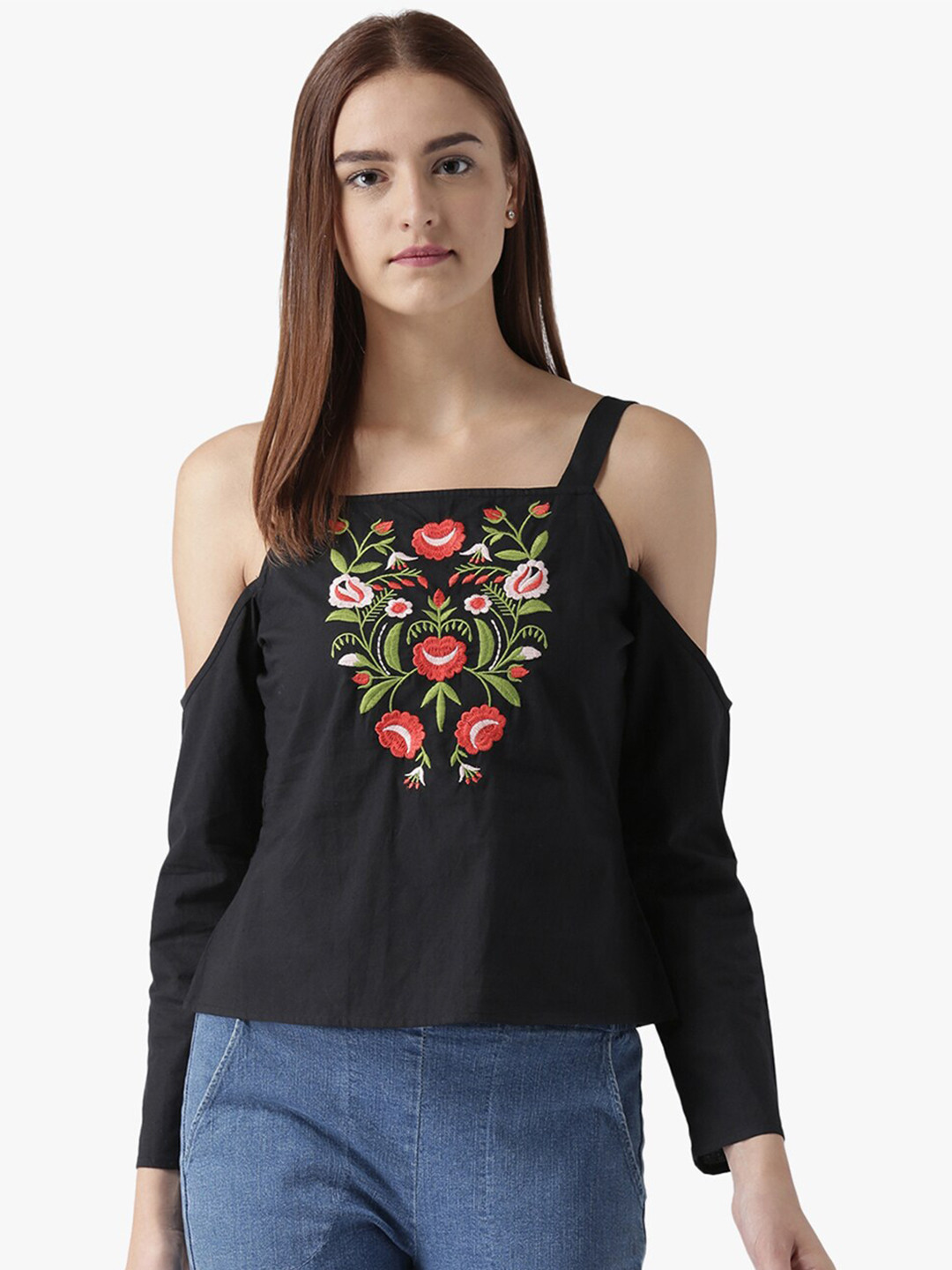 

DODO & MOA Black & Red Floral Embroidered Top