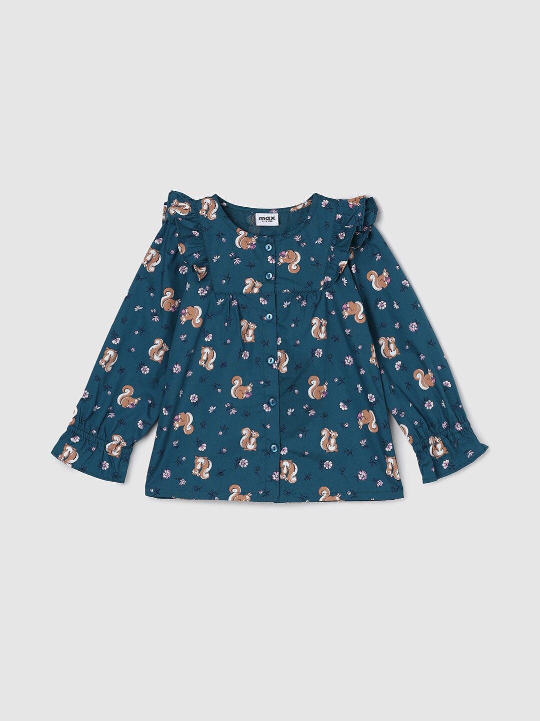 

max Girls Conversational Printed Ruffles Pure Cotton Top, Teal