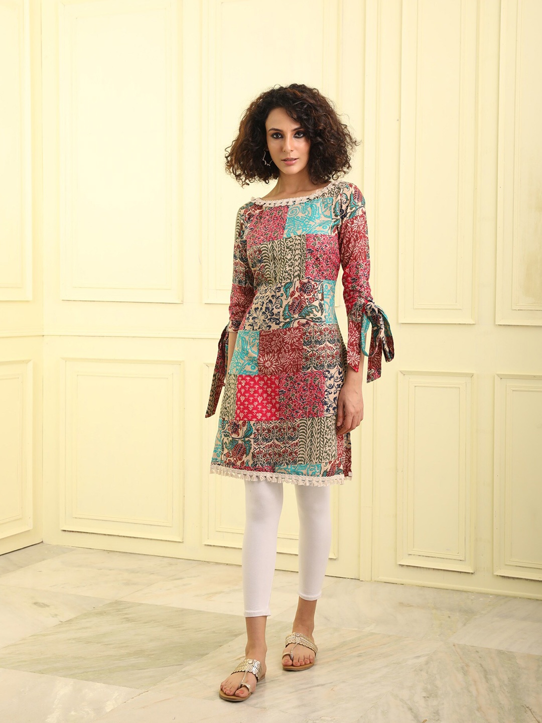 

BEATITUDE Printed Boat Neck Pure Cotton Kurti, Red