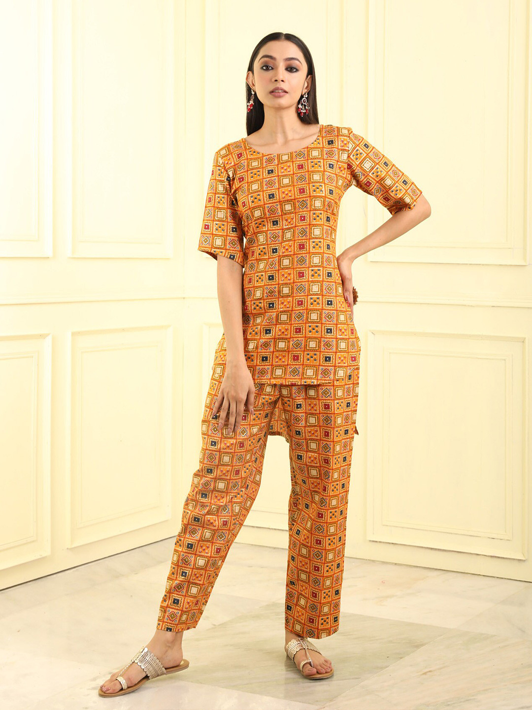 

BEATITUDE Geometric Printed Pure Cotton Kurti, Mustard