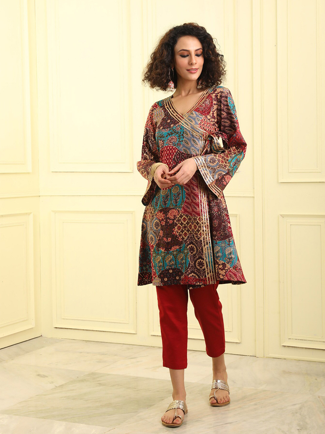 

BEATITUDE Floral Printed V-Neck Flared Sleeves Pure Cotton Kurti, Maroon
