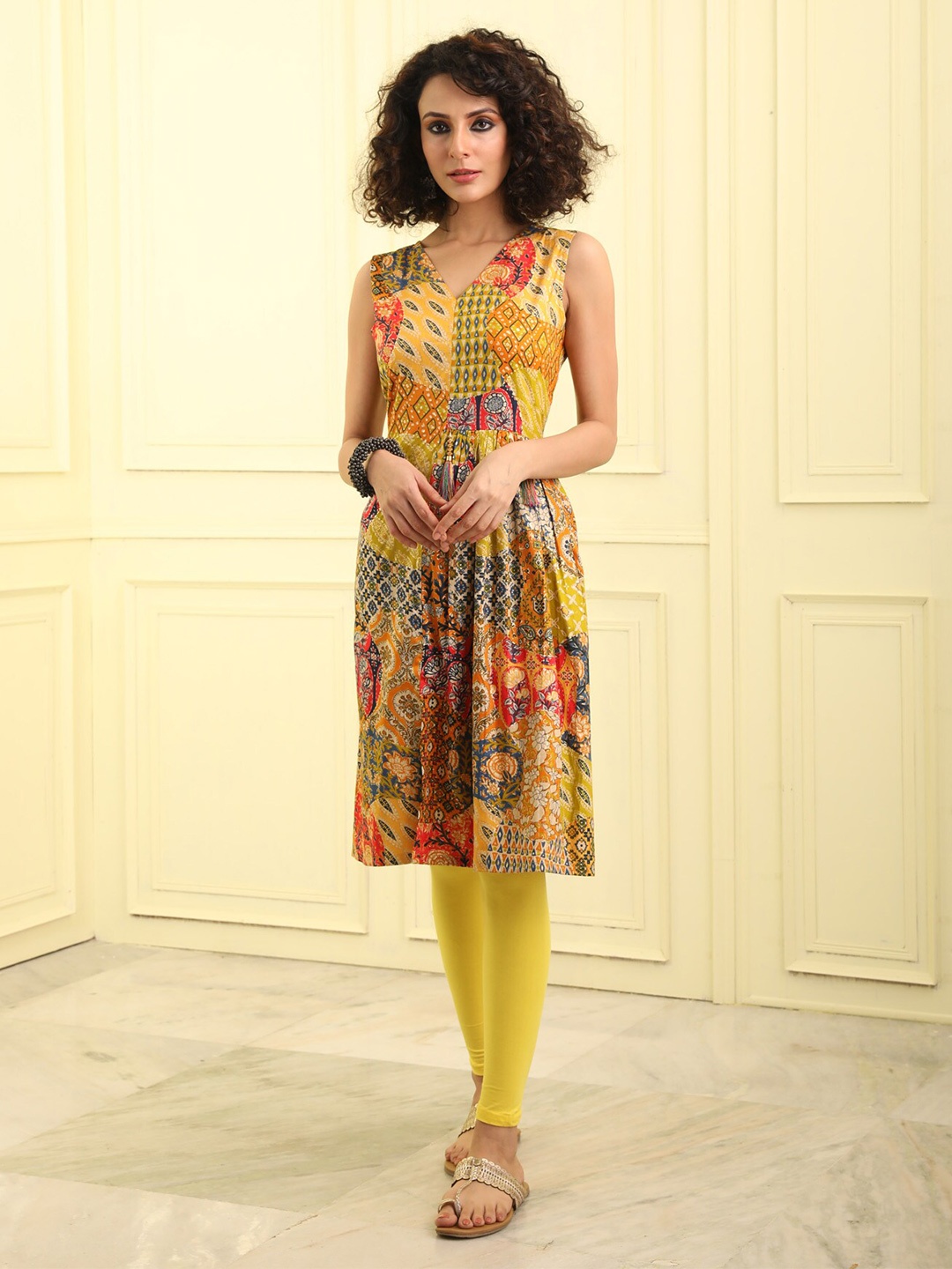 

BEATITUDE Women Ethnic Motifs Printed Indie Prints Cotton Kurta, Mustard