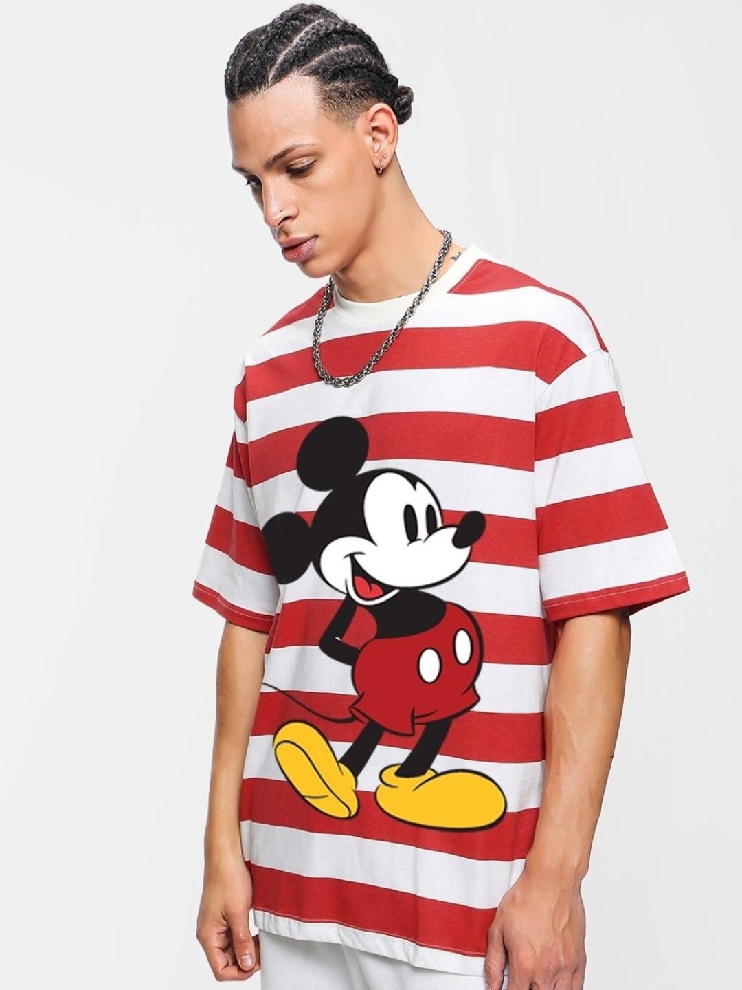 

Bewakoof Men Mickey Mouse Striped Cotton T-shirt, White