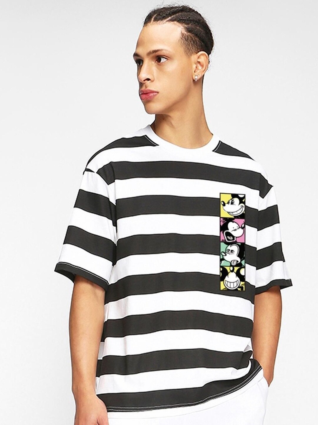 

Bewakoof Men Mickey Mouse Printed Striped Drop-Shoulder Sleeves Loose T-shirt, White
