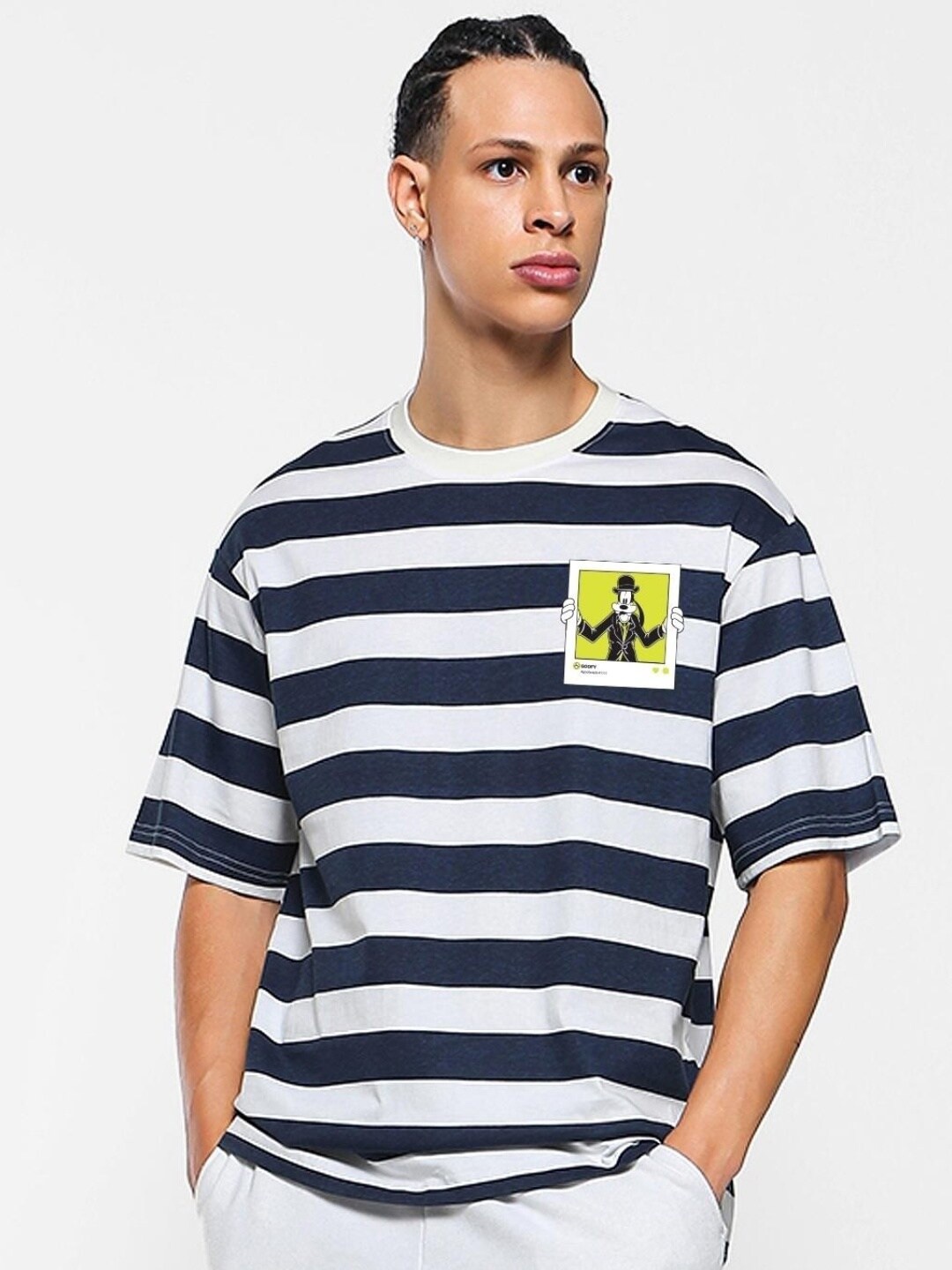 

Bewakoof Men Goofy Printed Striped Loose Cotton T-shirt, White