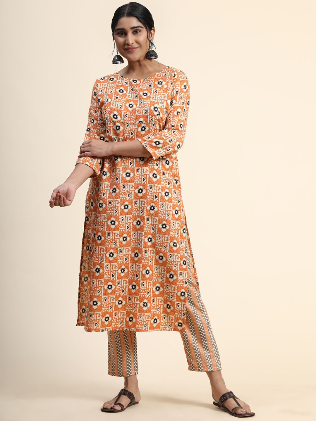 

KALINI Ethnic Motifs Printed Gotta Patti Kurta with Trousers, Orange
