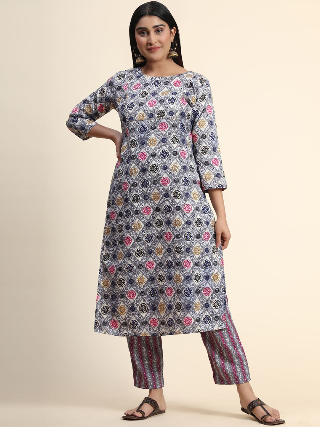 

KALINI Ethnic Motifs Printed Kurti with Trousers, Grey