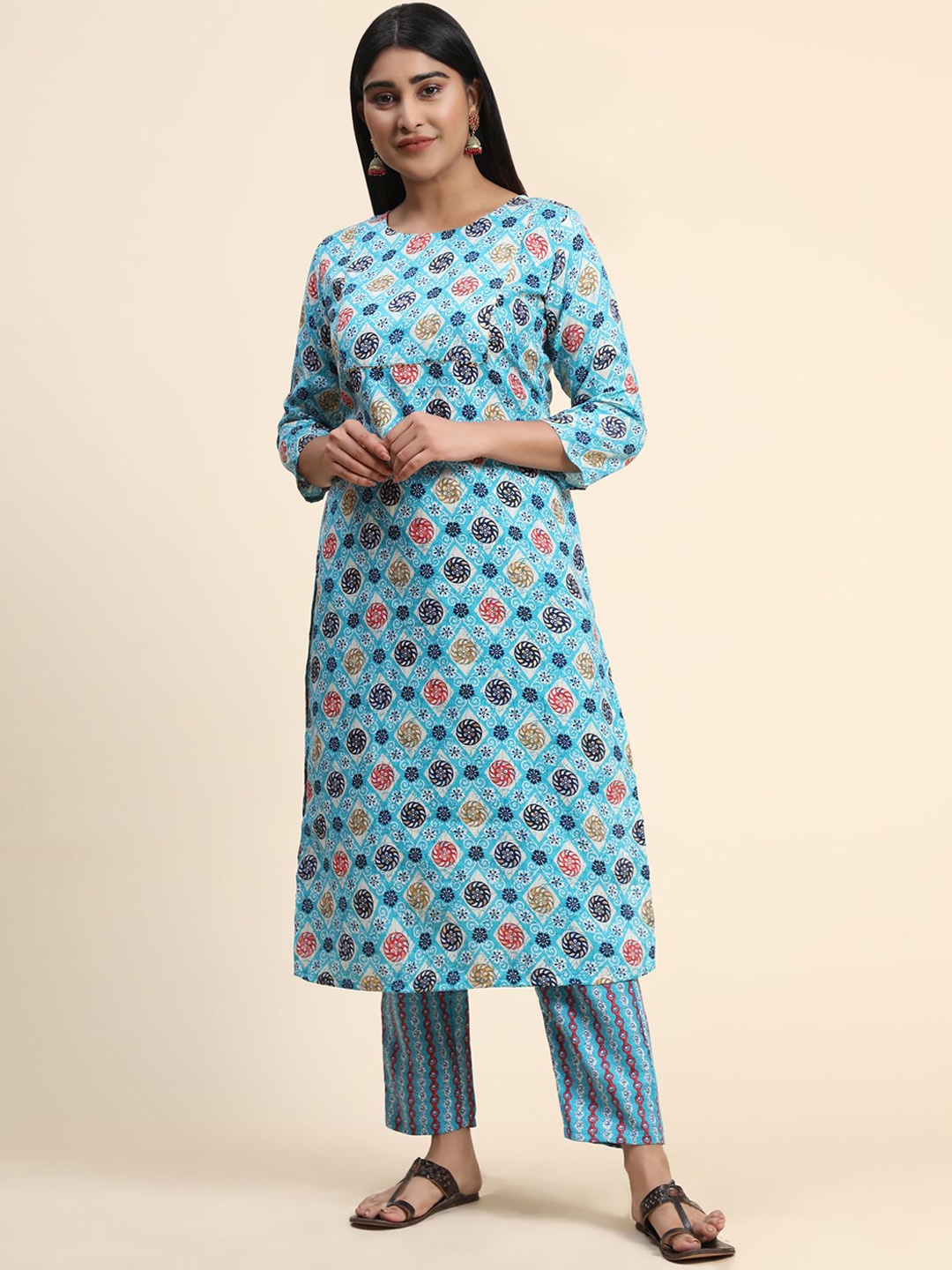 

KALINI Women Ethnic Motifs Printed Kurta with Trousers, Turquoise blue