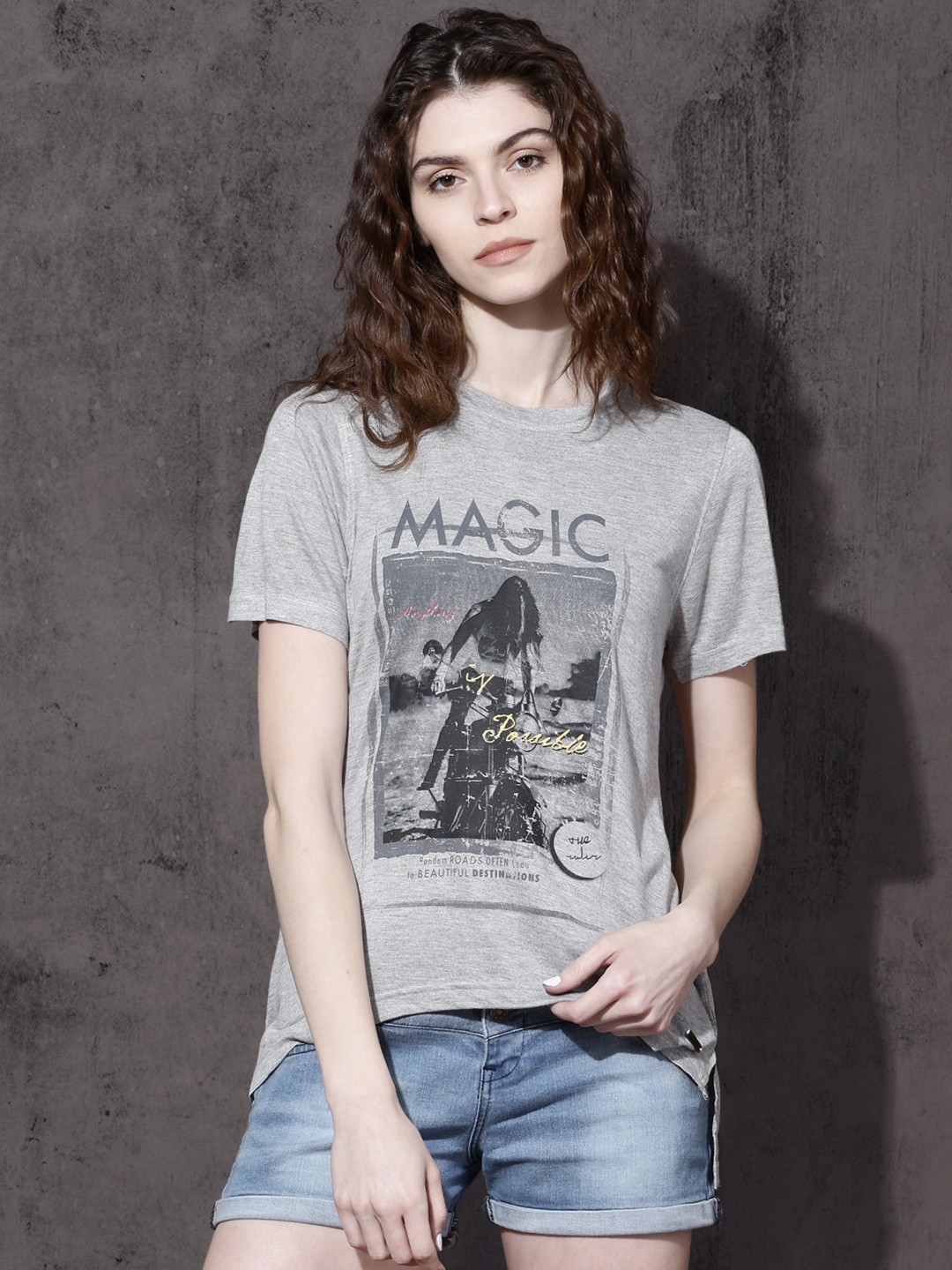 

Roadster Women Grey Melange Printed T-shirt