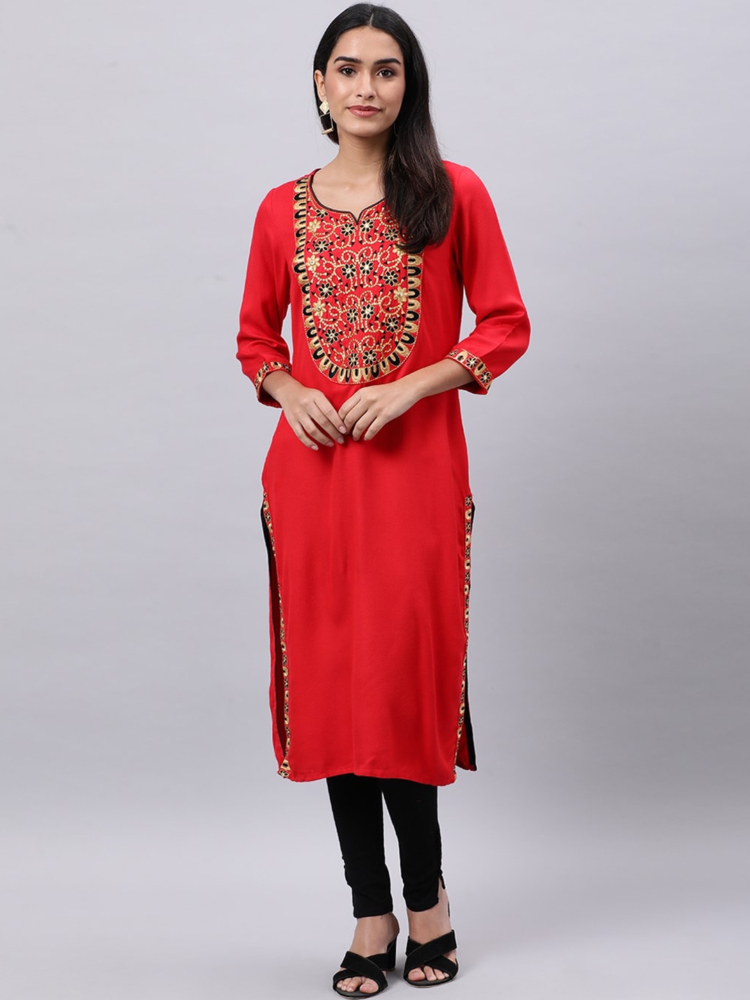 

Souchii Women Ethnic Motifs Yoke Design Mirror Work Kurta, Red