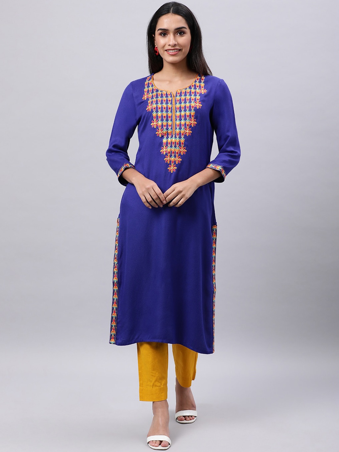 

Souchii Women Ethnic Motifs Yoke Design Mirror Work Kurta, Blue