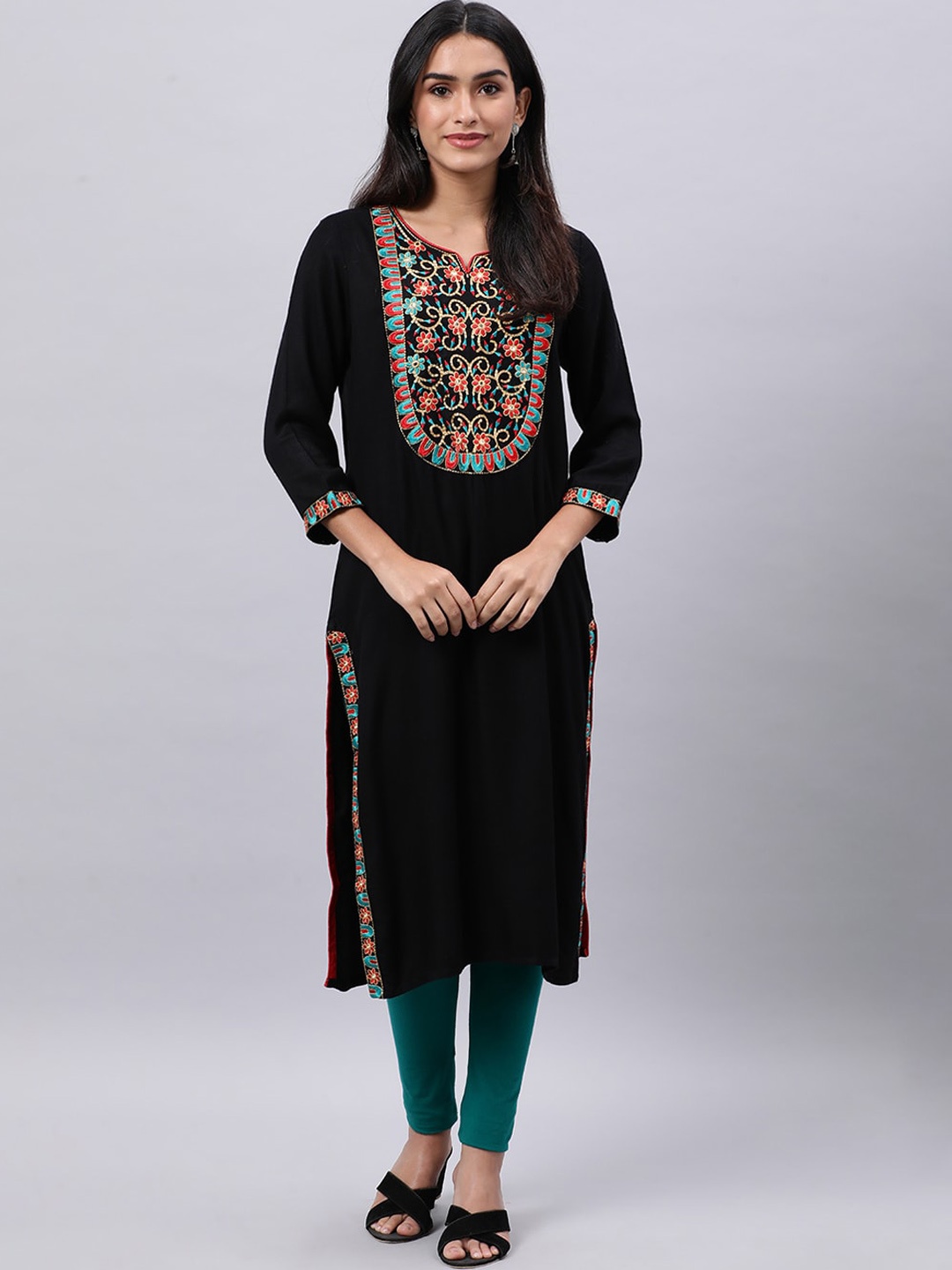 

Souchii Women Ethnic Motifs Yoke Design Mirror Work Kurta, Black