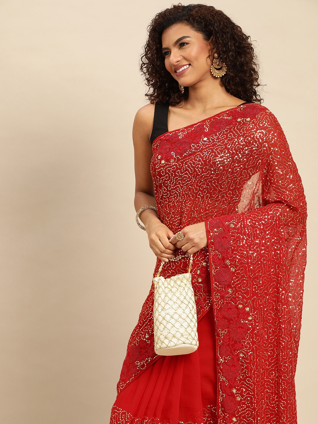 

Mitera Embellished Sequinned Heavy Work Saree, Red