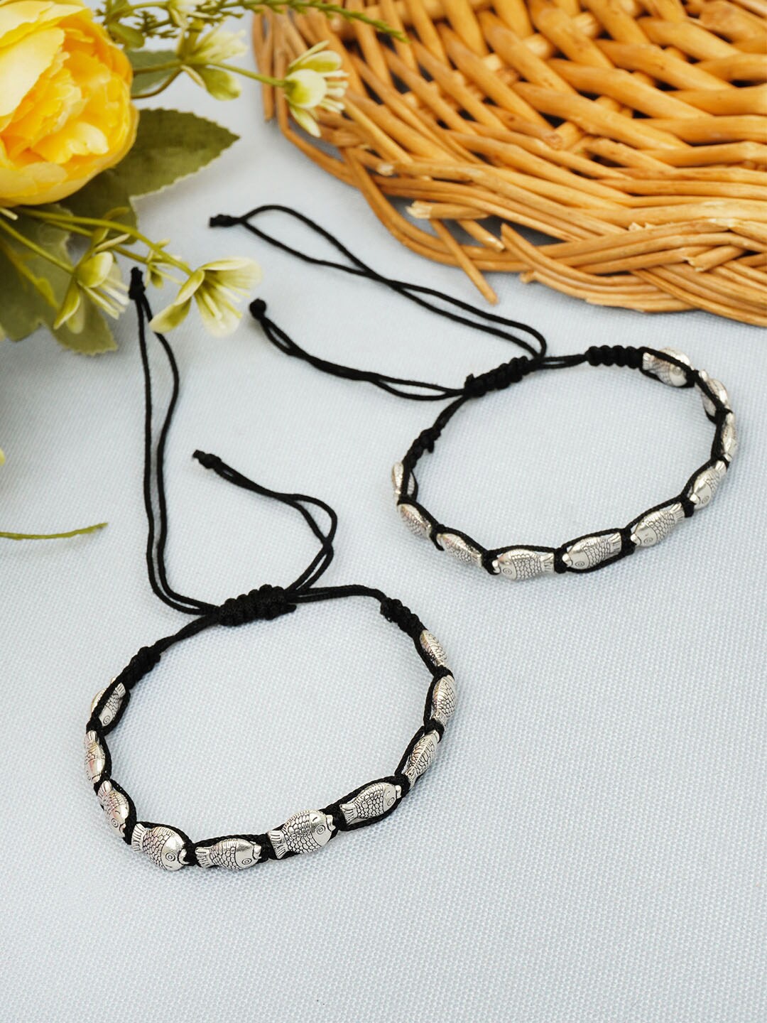 

Urmika Set Of 2 Fish Thread Anklets, Silver