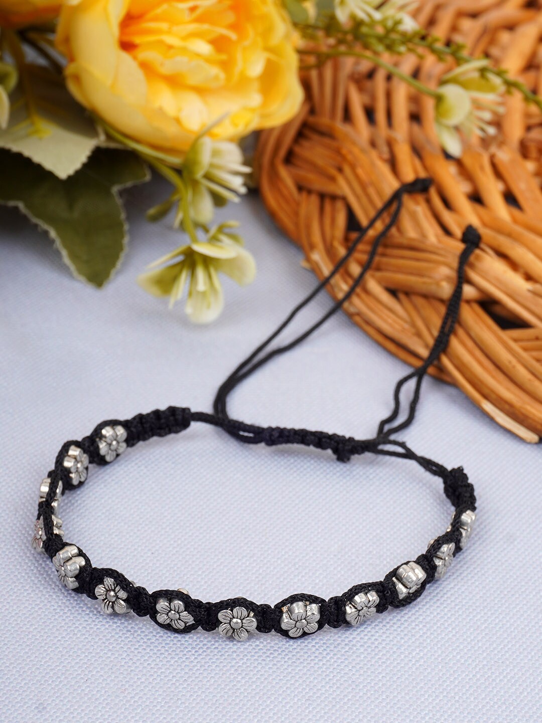 

Urmika Oxidized Floral Charm Anklet, Silver