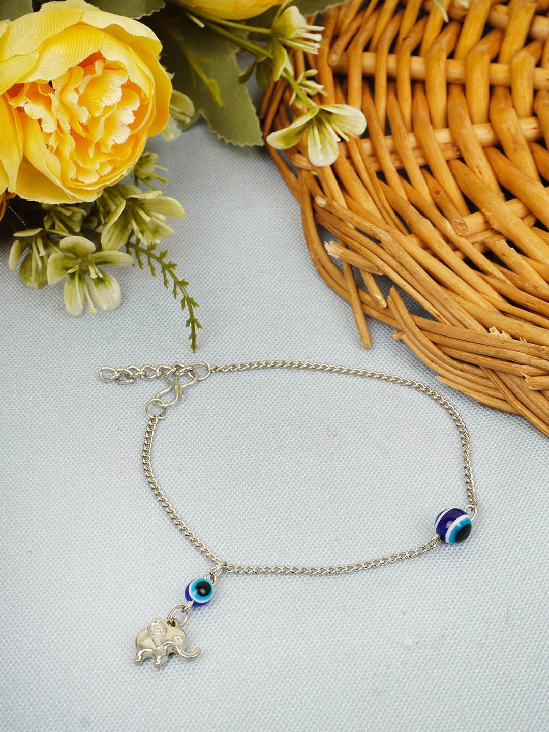 

Urmika Evil Eye Charm Beaded Anklet, Silver