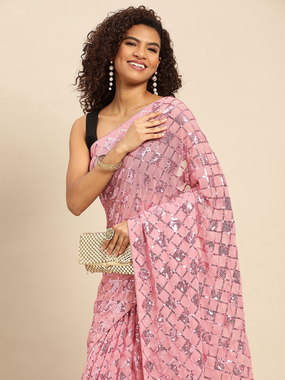 

Mitera Embellished Sequinned Heavy Work Saree, Pink