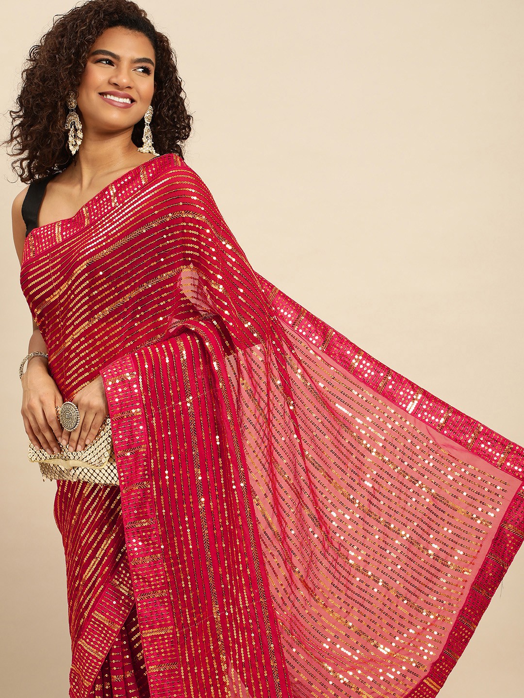 

Mitera Striped Sequinned Heavy Work Saree, Red