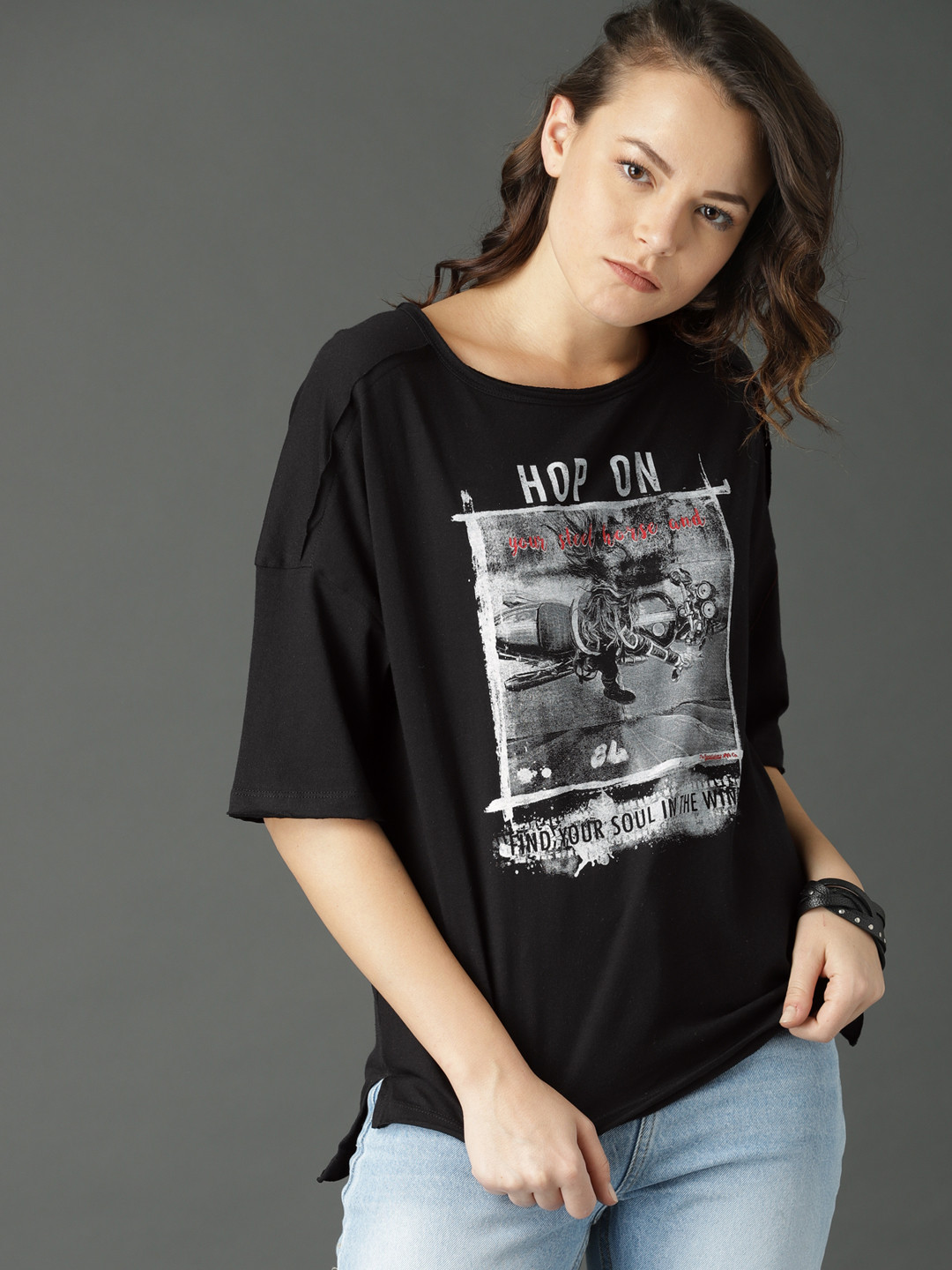 

Roadster Women Black Printed Round Neck Drop Shoulder T-shirt