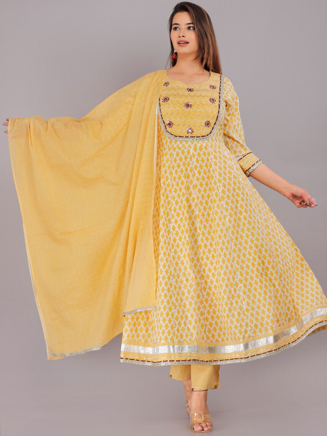 

KALINI Women Floral Embroidered Pure Cotton Kurta with Trousers & With Dupatta, Yellow