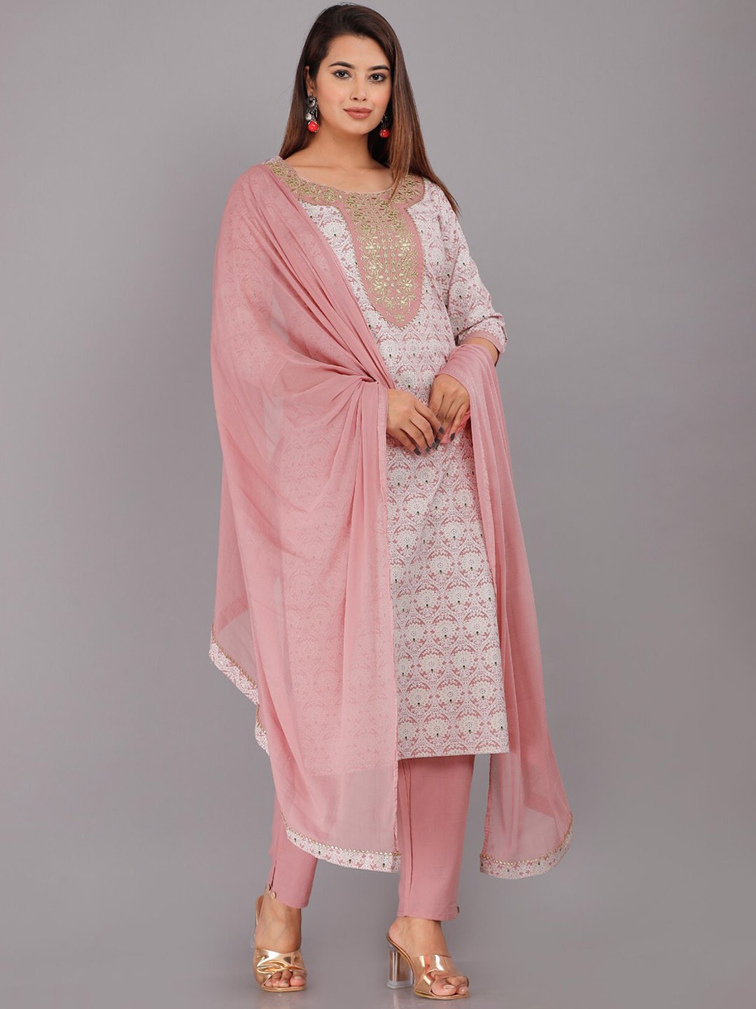 

KALINI Floral Printed Kurta with Trousers & Dupatta, Pink