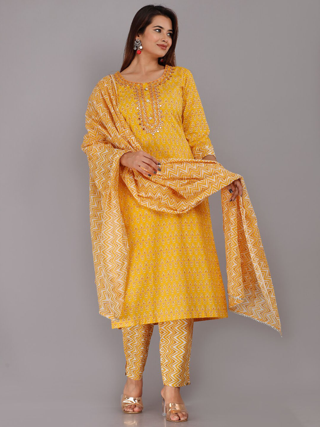 

KALINI Floral Printed Mirror Work Kurta with Trousers & With Dupatta, Mustard