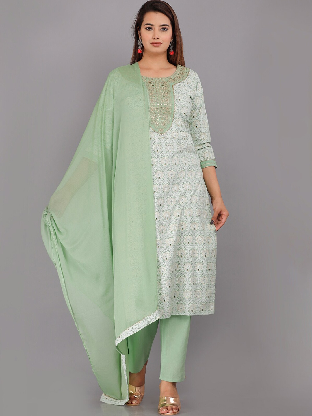 

KALINI Women Floral Printed Kurta with Trousers & With Dupatta, Green