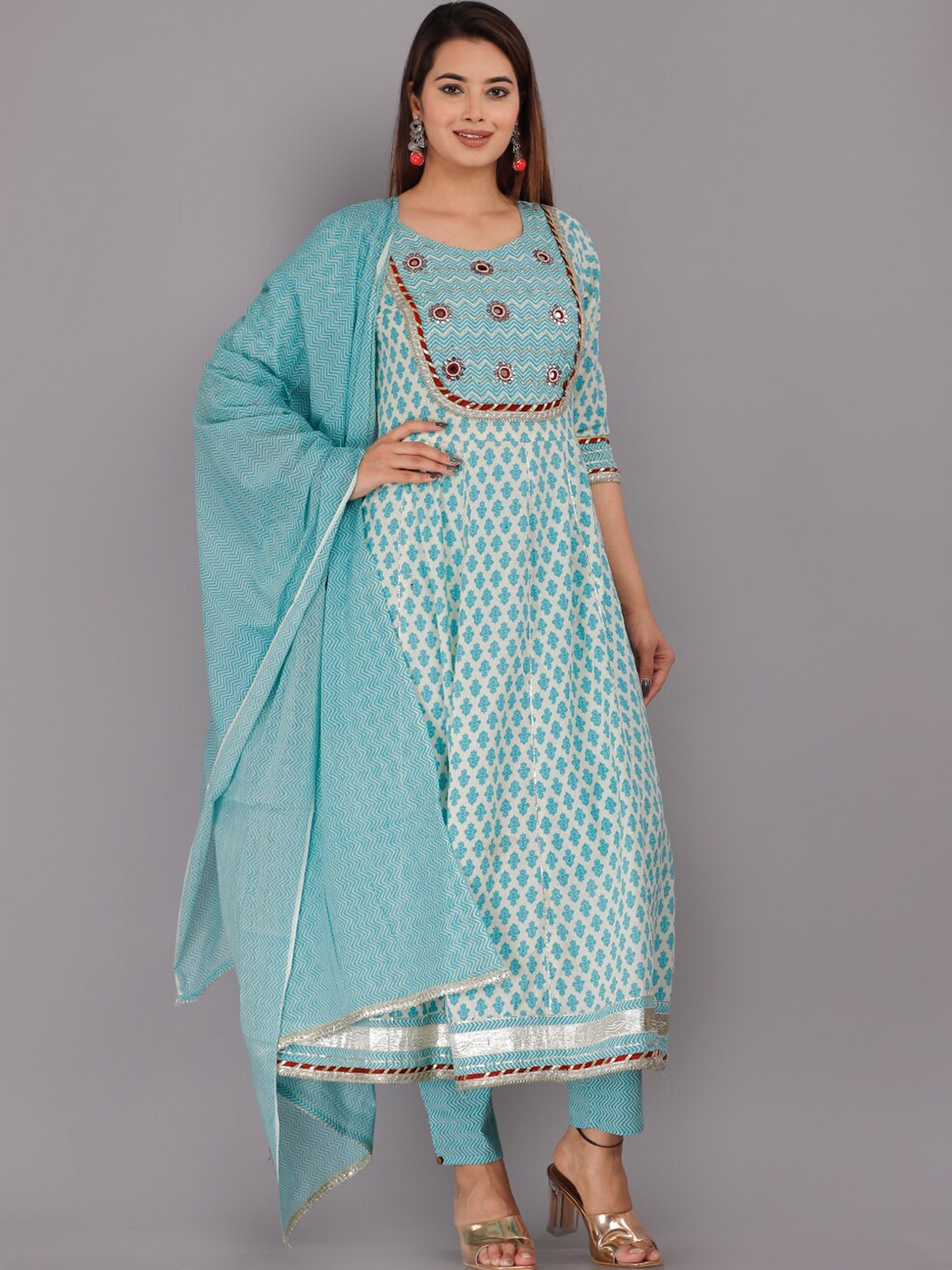 

KALINI Ethnic Motifs Printed Mirror Work Pure Cotton Kurta with Trousers & With Dupatta, Blue