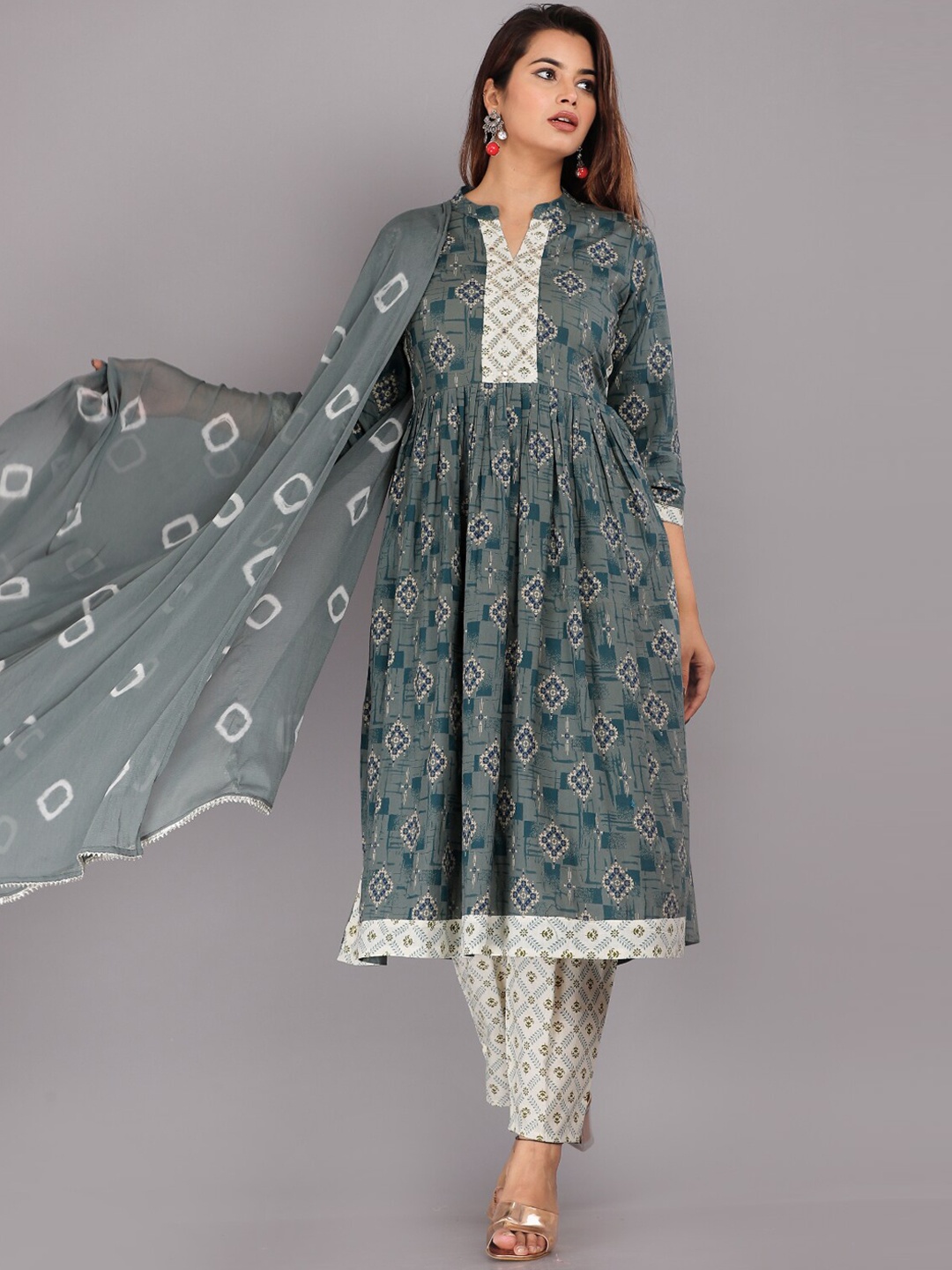 

KALINI Ethnic Motifs Printed Pure Cotton Kurta with Trousers & Dupatta, Grey