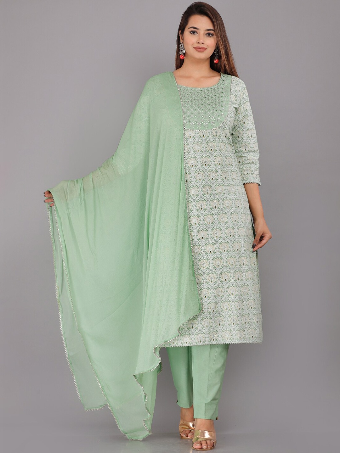 

KALINI Women Ethnic Motifs Printed Pure Cotton Kurta with Trousers & Dupatta, Green