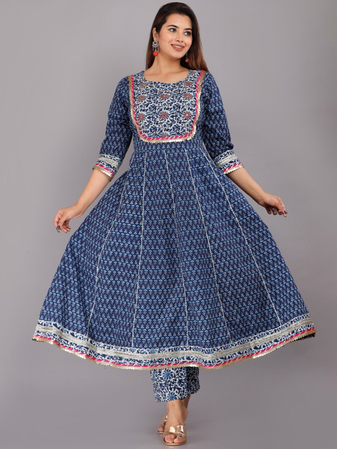 

KALINI Floral Printed Empire Kurta with Trousers & Dupatta, Blue