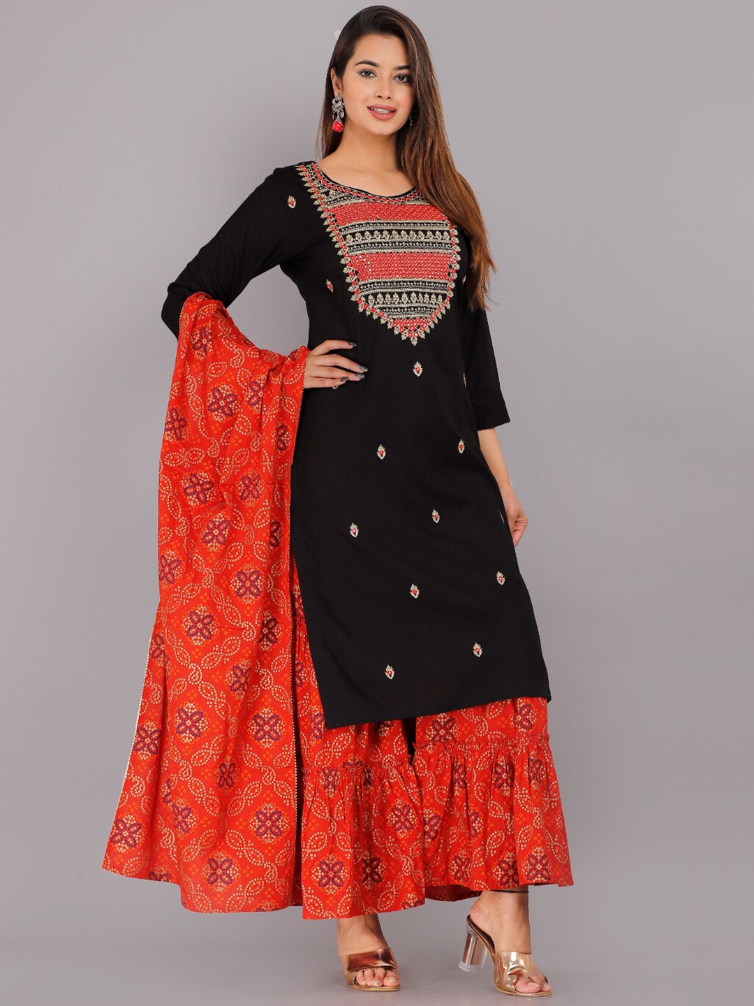

KALINI Ethnic Motifs Embroidered Kurta with Sharara & Dupatta, Black