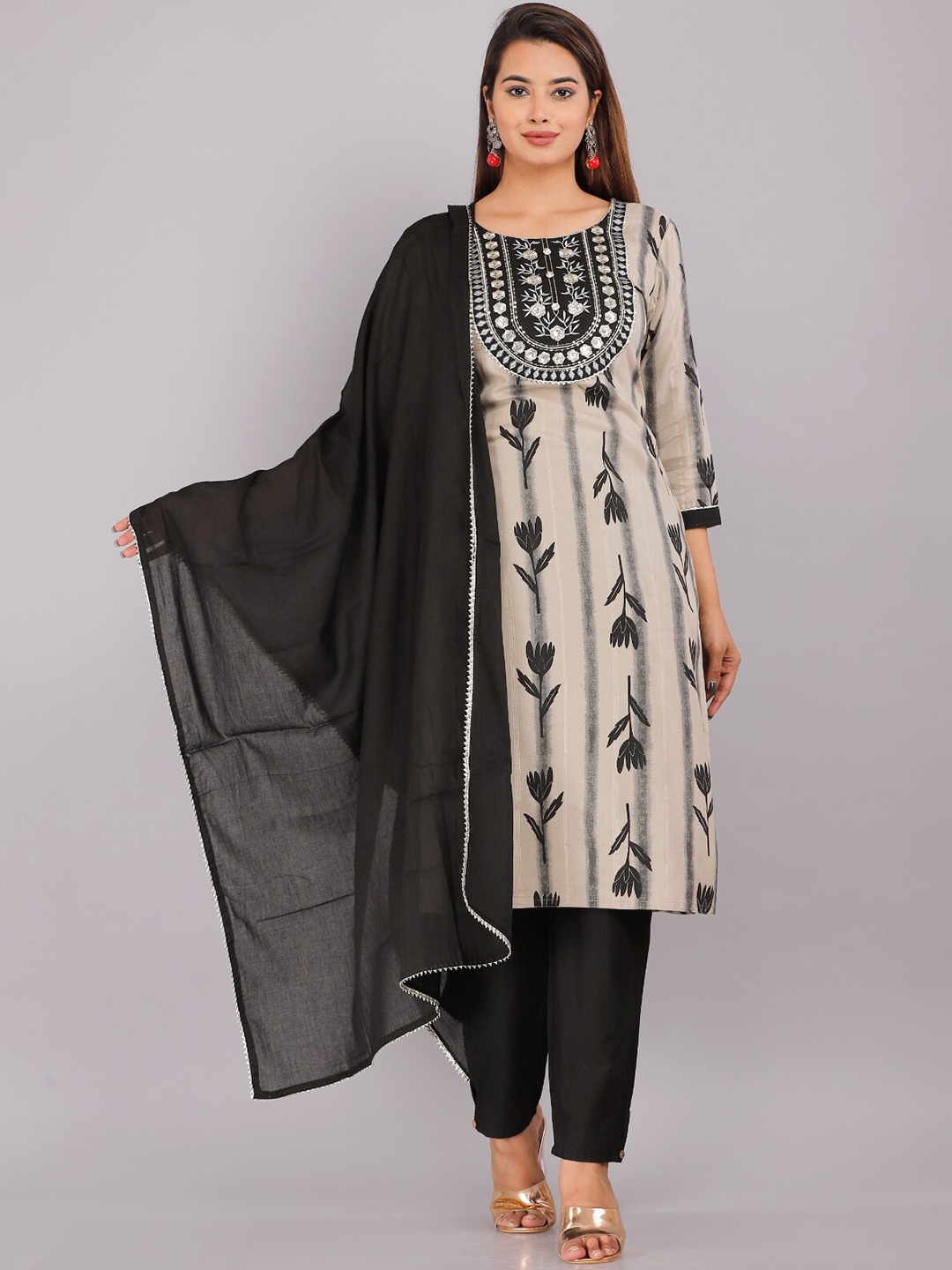 

KALINI Women Floral Printed Sequinned Kurta with Trousers & With Dupatta, Black