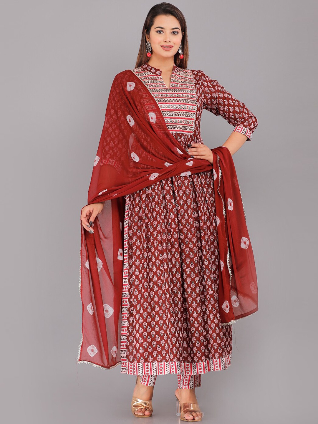 

KALINI Floral Printed Mandarin Collar Kurta with Trousers & Dupatta, Maroon