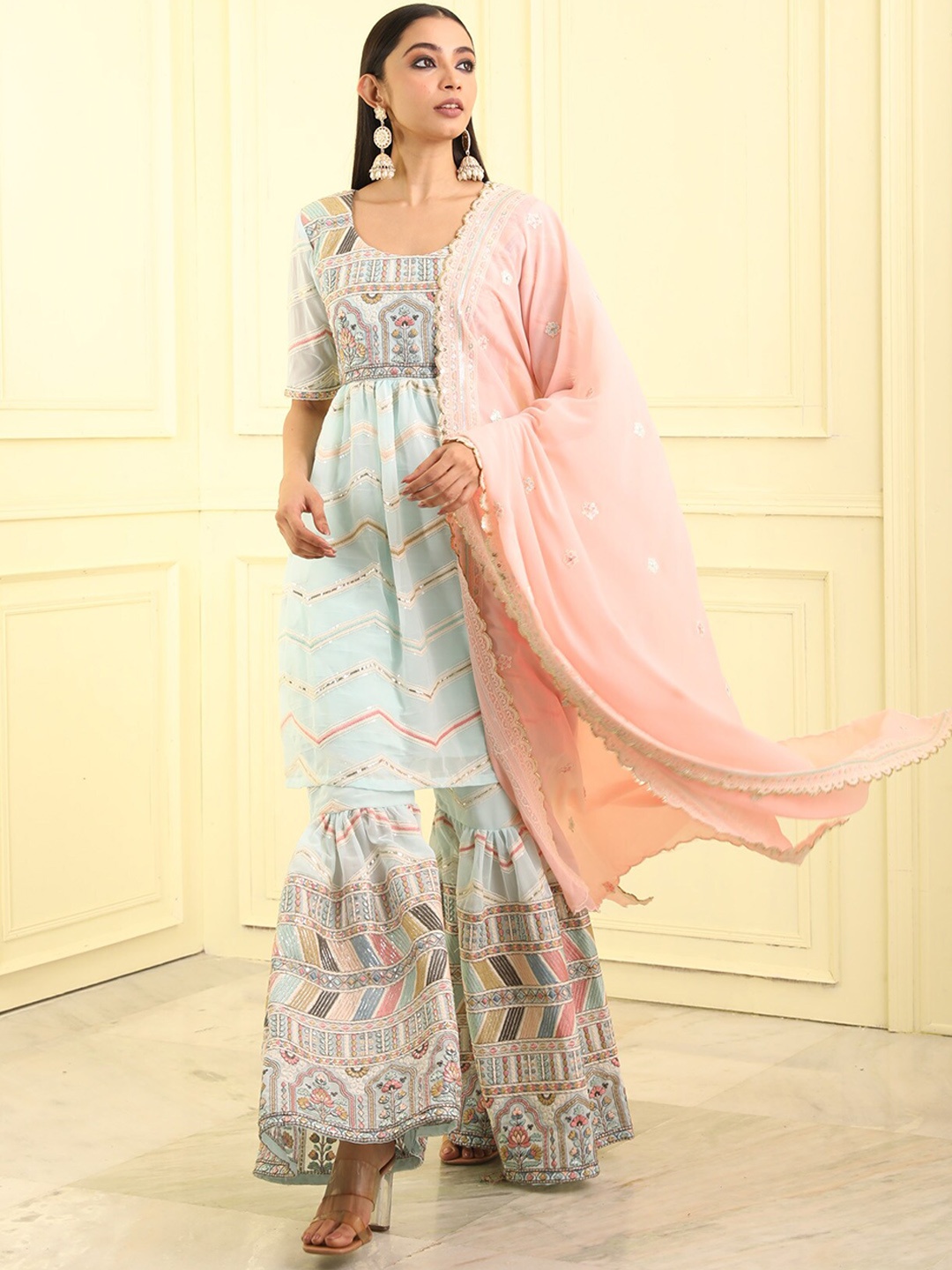 

BEATITUDE Women Ethnic Motifs Embroidered Kurta With Sharara & Dupatta, Blue