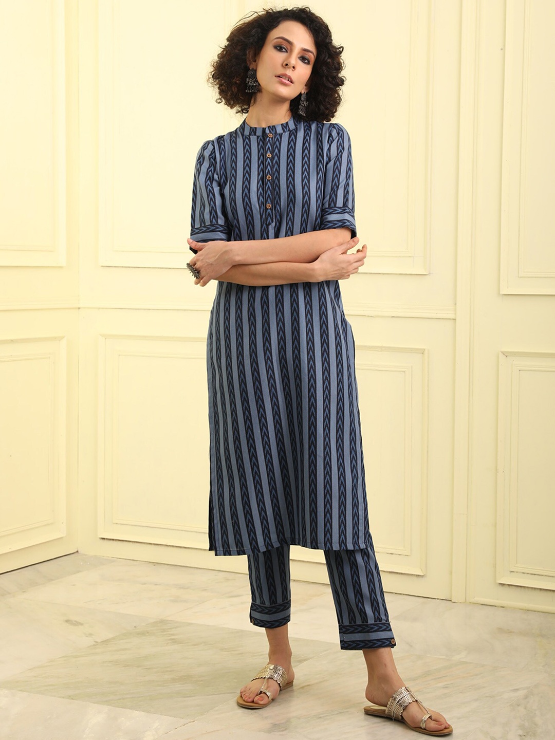

BEATITUDE Striped Pure Cotton Kurta with Trousers, Blue